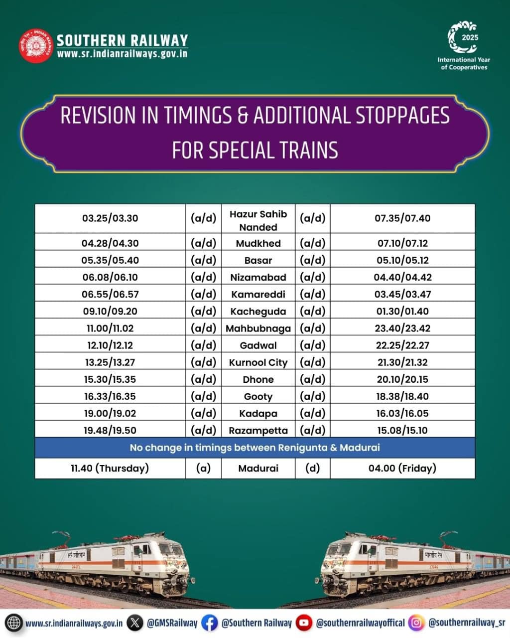 ఒఖా–మదురై ప్రత్యేక రైళ్లు